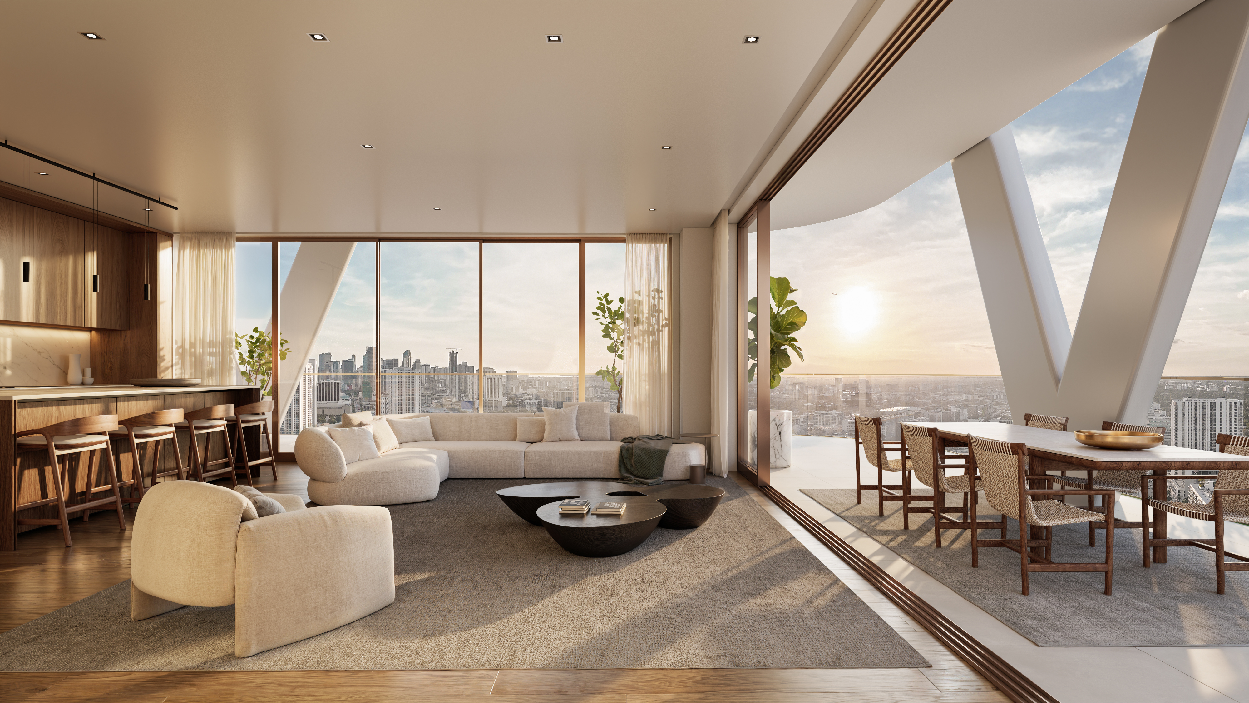 Corner unit living room with bay views